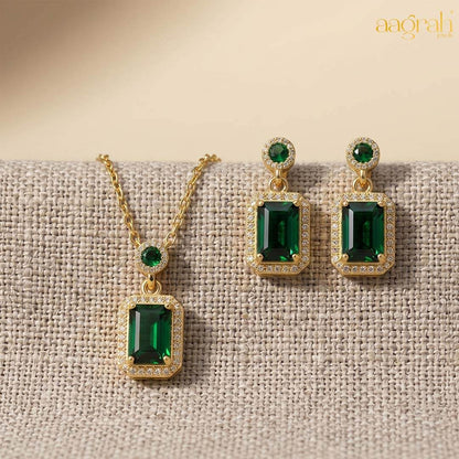 Gold-Plated Elegant Emerald Geometric Pendant Set