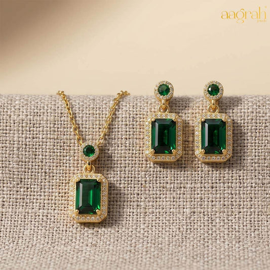 Gold-Plated Elegant Emerald Geometric Pendant Set