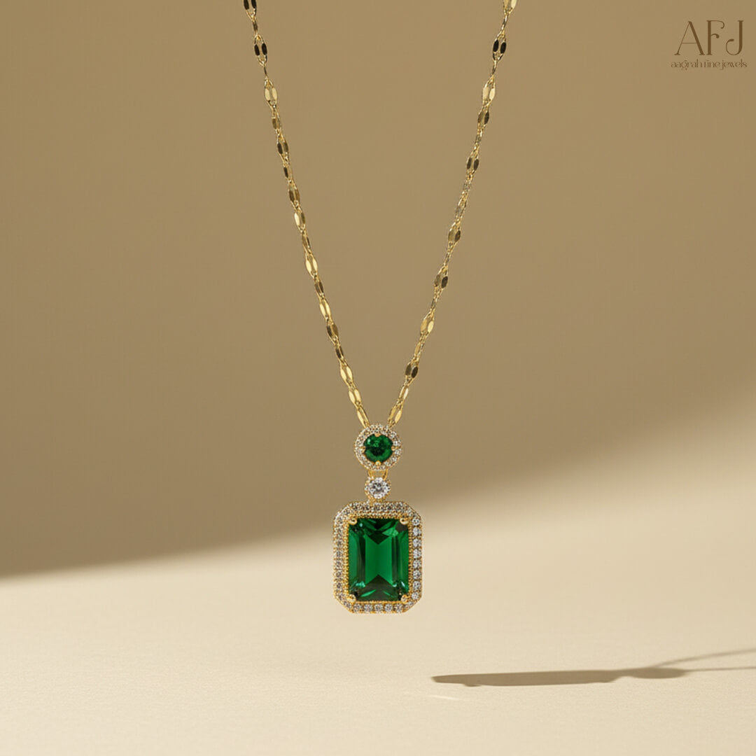 Gold-Plated Elegant Emerald Geometric Pendant Set